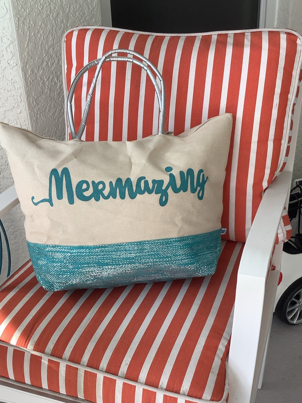 Mermazing Beach Tote Bag Turquoise Silver Metallic Large